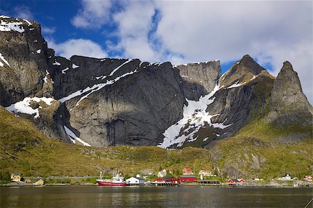 simsearch:400-06557083,k - Picturesque fishing harbor by  fjord on Lofoten islands in Norway Stockbilder - Microstock & Abonnement, Bildnummer: 400-06525153