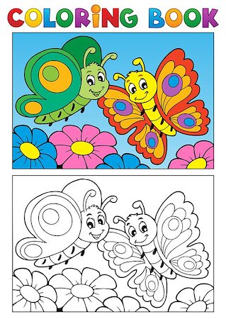 painted happy flowers - Coloring book butterfly theme 1 - vector illustration. Stock Photo - Budget Royalty-Free & Subscription, Code: 400-06525509