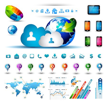 Infographic elements for cloud computing - set of paper tags, technology icons, graphs, paper tags, arrows, world map and so on. Ideal for statistic data display. Stock Photo - Budget Royalty-Free & Subscription, Code: 400-06525651