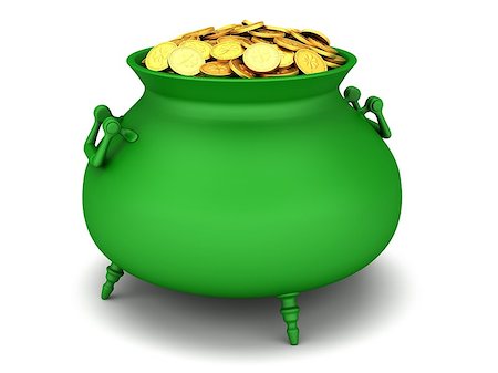 simsearch:400-08193746,k - Green cauldron of golden coins on a white background. Foto de stock - Super Valor sin royalties y Suscripción, Código: 400-06525830