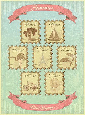 sea postcards vector - A set of stamps on the vintage background. Theme of travel. Vector illustration. Stock Photo - Budget Royalty-Free & Subscription, Code: 400-06526001