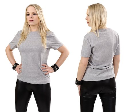 simsearch:400-07748288,k - Young beautiful blond female posing with a blank gray t-shirt, front and back view. Ready for your design or artwork. Stock Photo - Budget Royalty-Free & Subscription, Code: 400-06526522