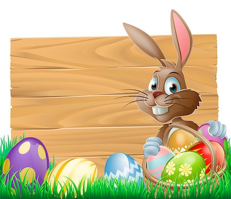 simsearch:400-07307426,k - The Easter bunny with a basket of Easter eggs with more Easter eggs around him by a wood sign board Stock Photo - Budget Royalty-Free & Subscription, Code: 400-06526884