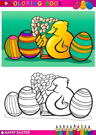 Coloring Book or Page Cartoon Illustration of Easter Little Chick or Chicken with Catkin and Painted Eggs Stock Photo - Budget Royalty-Free & Subscription, Code: 400-06527070