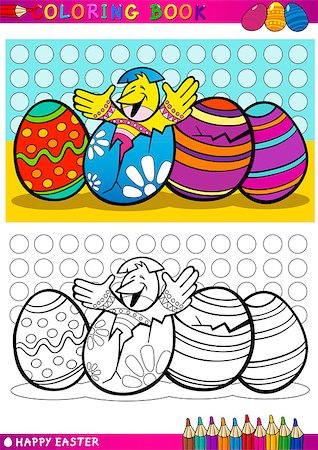 Coloring Book or Page Cartoon Illustration of Easter Little Chick or Chicken hatched from Egg and Painted Easter Eggs Stock Photo - Budget Royalty-Free & Subscription, Code: 400-06527071