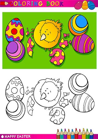 simsearch:400-06529556,k - Coloring Book or Page Cartoon Illustration of Easter Little Chick or Chicken hatched from Egg and Painted Easter Eggs Photographie de stock - Aubaine LD & Abonnement, Code: 400-06527072