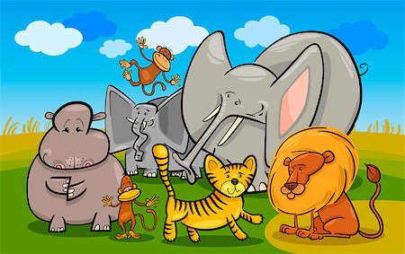 simsearch:400-08403888,k - Cartoon Illustration of Cute African Safari Wild Animals Group against Blue Sky Foto de stock - Super Valor sin royalties y Suscripción, Código: 400-06527087