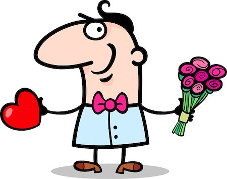 simsearch:400-06523060,k - Cartoon St Valentines Illustration of Happy Funny Man in Love with Valentine Card and Bunch of Flowers Stock Photo - Budget Royalty-Free & Subscription, Code: 400-06527105