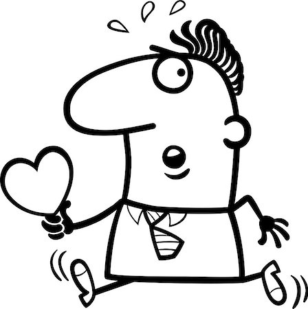 simsearch:400-06523060,k - Black and White Cartoon St Valentines Illustration of Late Running Man in Love with Heart or Valentine Card Stock Photo - Budget Royalty-Free & Subscription, Code: 400-06527118