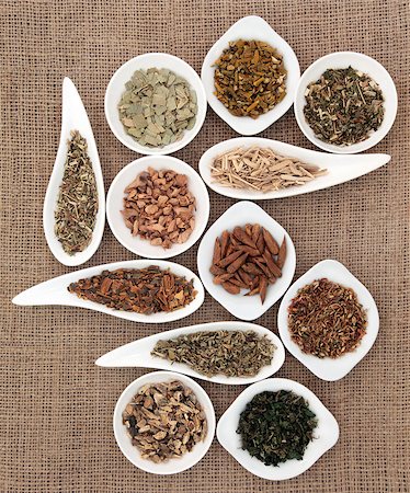 Medicinal herb selection also used in magical potions over hessian background. Stock Photo - Budget Royalty-Free & Subscription, Code: 400-06527891