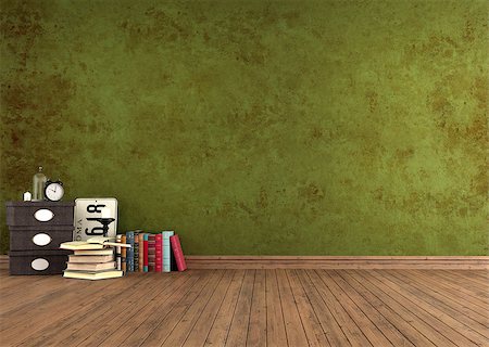 Empty vintage room with old books and retro objects- rendering Stock Photo - Budget Royalty-Free & Subscription, Code: 400-06528793