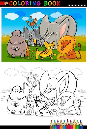 simsearch:400-07836426,k - Cartoon Illustration of Funny African Wild Animals like Elephant, Hippo, Lion and Monkey for Coloring Book or Coloring Page Photographie de stock - Aubaine LD & Abonnement, Code: 400-06529554