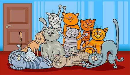 simsearch:400-07306436,k - Cartoon Illustration of Happy Cats or Kittens Group at Home Foto de stock - Super Valor sin royalties y Suscripción, Código: 400-06529584