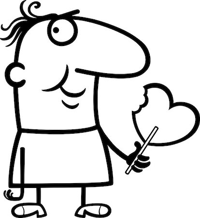 simsearch:400-04216683,k - Black and White Cartoon Illustration of Funny Man with Valentine Heart Shape Lollipop for Valentines Day Stockbilder - Microstock & Abonnement, Bildnummer: 400-06529592