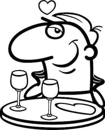 simsearch:400-06523060,k - Black and White Cartoon Illustration of Funny Man Waiting in Restaurant for his Valentine on Valentines Day Stock Photo - Budget Royalty-Free & Subscription, Code: 400-06529606