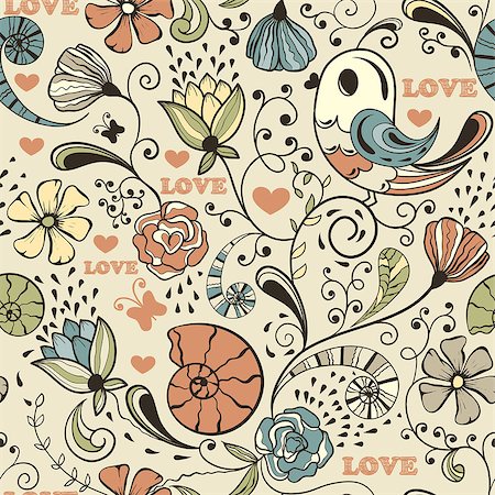 floral bird pattern - Vector seamless spring pattern, fully editable eps 8 file, seamless  pattern in swatch menu, standart AI font Cooper std Photographie de stock - Aubaine LD & Abonnement, Code: 400-06529948