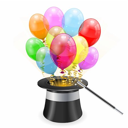 Magician Hat with 3D Transparent Birthday Balloons and Streamer, easy change color, icon isolated on white background, vector illustration Stock Photo - Budget Royalty-Free & Subscription, Code: 400-06520140