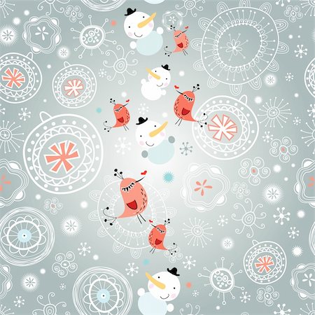 simsearch:400-06524884,k - Seamless winter pattern with snowman and birds on a gray background with snowflakes Foto de stock - Super Valor sin royalties y Suscripción, Código: 400-06520203