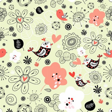 simsearch:400-06524884,k - Bright floral pattern with birds in love on a green background Foto de stock - Super Valor sin royalties y Suscripción, Código: 400-06520420