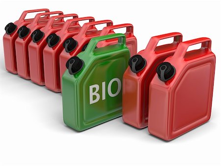 Green bio fuel jerry can in between red canisters isolated on white background Fotografie stock - Microstock e Abbonamento, Codice: 400-06520739