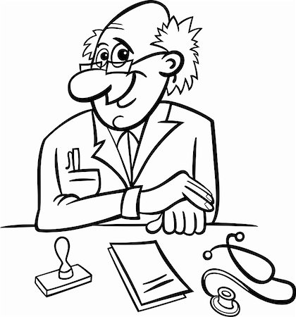 sitting colouring cartoon - Black and White Cartoon Illustration of Male Medical Doctor in Clinic Consulting Room with Stethoscope and Prescriptions Stock Photo - Budget Royalty-Free & Subscription, Code: 400-06520939