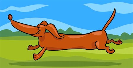 simsearch:400-08048562,k - Cartoon Illustration of Cute Running Dachshund Dog against Rural Scene with Green Fields and Blue Sky Stockbilder - Microstock & Abonnement, Bildnummer: 400-06520986