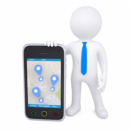 3d man and a smartphone with a map and marks. Isolated render on a white background Stock Photo - Budget Royalty-Free & Subscription, Code: 400-06521788