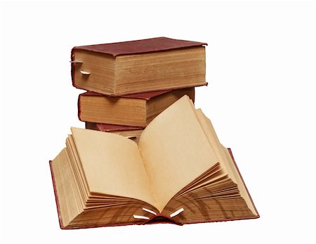 fogen (artist) - A stack of old books on a white background. One book is open, clean pages, you can add text or picture. Stockbilder - Microstock & Abonnement, Bildnummer: 400-06522158