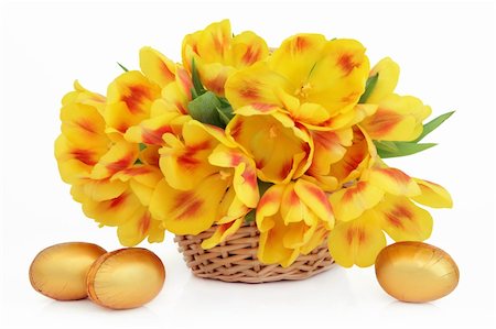simsearch:400-06356460,k - Yellow and red tulip flower arrangement in an easter basket with golden chocolate eggs over white background. Foto de stock - Super Valor sin royalties y Suscripción, Código: 400-06522219
