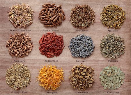 Medicinal herb selection also used in magical potions over papyrus background. Titles provided. Stock Photo - Budget Royalty-Free & Subscription, Code: 400-06522466
