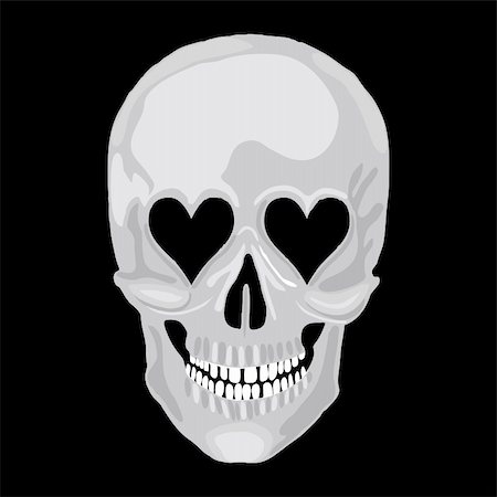 Human skull with heart love eyes for valentine day. Vector object scull illustration. People bone design isolated on black background. Halloween symbol. Stock Photo - Budget Royalty-Free & Subscription, Code: 400-06522497