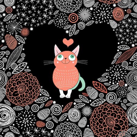 flower decoration white and black - graphic love kitten on black background with decorative heart and leaves Stock Photo - Budget Royalty-Free & Subscription, Code: 400-06530351