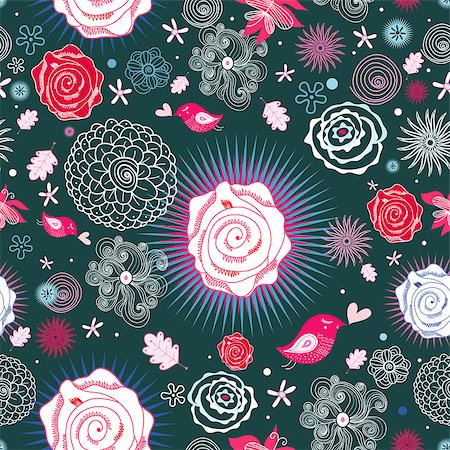 rose butterfly illustration - Seamless floral pattern with bright pink birds in love on a dark green background Stock Photo - Budget Royalty-Free & Subscription, Code: 400-06531090