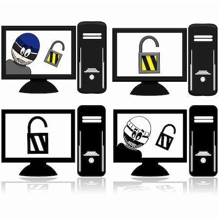 Icon set showing a computer with an open lock and another computer with a thief beside the open lock Stock Photo - Budget Royalty-Free & Subscription, Code: 400-06554032