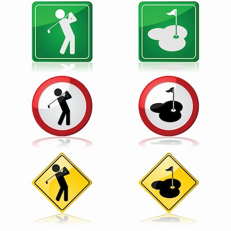 Traffic signs showing a person swinging a golf club and a hole in a golf course Stock Photo - Budget Royalty-Free & Subscription, Code: 400-06554074