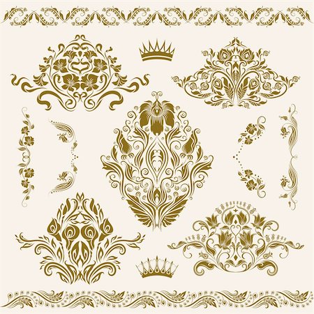 Set of vector damask ornaments. Floral elements, borders, corners for design. Page decoration. Stock Photo - Budget Royalty-Free & Subscription, Code: 400-06554331