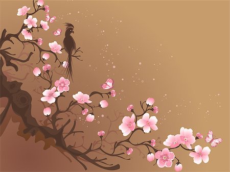 floral bird pattern - branch of sakura and bird on a brown background Photographie de stock - Aubaine LD & Abonnement, Code: 400-06554496