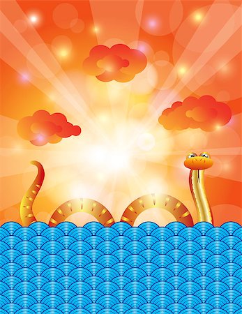 Chinese New Year of the Water Snake 2013 with Water Sky Clouds and Sun Rays Background Illustration Stock Photo - Budget Royalty-Free & Subscription, Code: 400-06554621