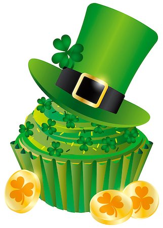 St Patricks Day Irish Leprechaun Hat with Shamrock Leaf on Cupcake and Gold Coins Illustration Isolated on White Background Stock Photo - Budget Royalty-Free & Subscription, Code: 400-06555531