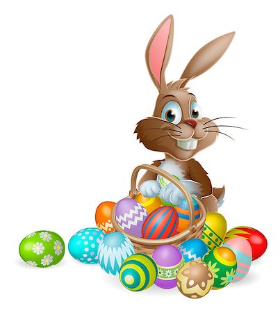 simsearch:400-07307426,k - Easter bunny rabbit with Easter basket full of decorated Easter eggs Stock Photo - Budget Royalty-Free & Subscription, Code: 400-06555931