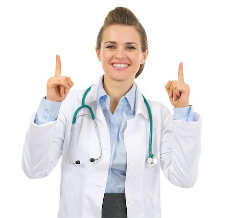 simsearch:400-07099823,k - Smiling medical doctor woman pointing up Stock Photo - Budget Royalty-Free & Subscription, Code: 400-06556208
