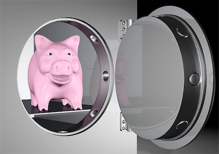 a pink piggy bank is smiling from inside a heavy metal safe with a circular door on a dark background Fotografie stock - Microstock e Abbonamento, Codice: 400-06556305