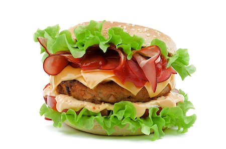 simsearch:400-06330800,k - Delicious Hamburger with Bacon, Beef, Cheese, Tomato, Mayonnaise and Lettuce isolated on white background Stock Photo - Budget Royalty-Free & Subscription, Code: 400-06556415