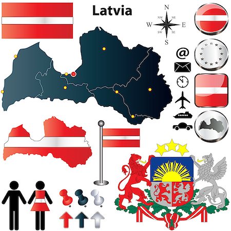 Vector set of Latvia country shape with flags, buttons and icons isolated on white background Stock Photo - Budget Royalty-Free & Subscription, Code: 400-06556869