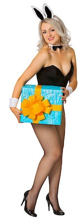 simsearch:400-06557487,k - Sexy Bunny with a gift in the hands isolated on white Stock Photo - Budget Royalty-Free & Subscription, Code: 400-06557490