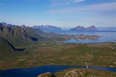 simsearch:400-07087598,k - View from hilltop on Lofoten islands in Norway, looking towards town of Svolvaer Stock Photo - Budget Royalty-Free & Subscription, Code: 400-06559696