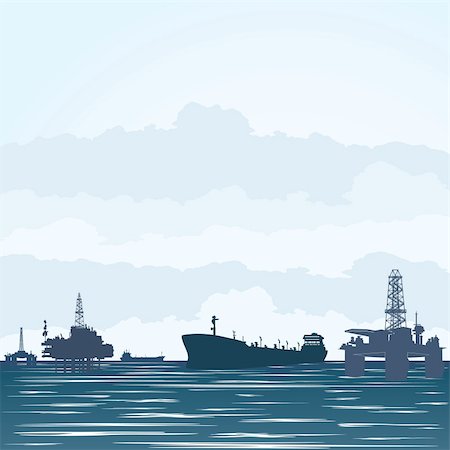 Oil derricks at the ocean and tankers transporting petroproduction. Foto de stock - Royalty-Free Super Valor e Assinatura, Número: 400-06553834