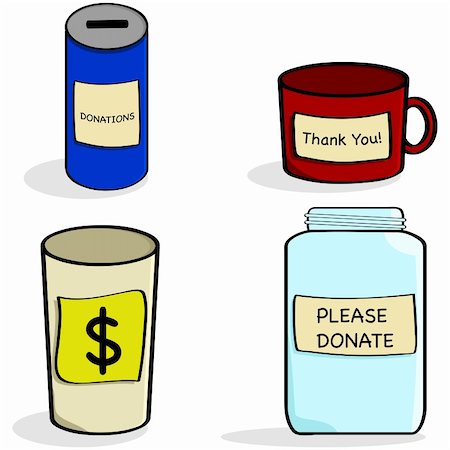 Cartoon illustration showing a variety of donation cups and a glass jar Stock Photo - Budget Royalty-Free & Subscription, Code: 400-06553984