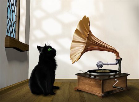 Illustration of a black cat looking into an old gramophone horn Stock Photo - Budget Royalty-Free & Subscription, Code: 400-06564159