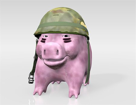 a closeup of a dirty pink piggy bank with a unfastened mimetic helmet on his head and some short beard that is looking the camera with a sly expression Stock Photo - Budget Royalty-Free & Subscription, Code: 400-06564844